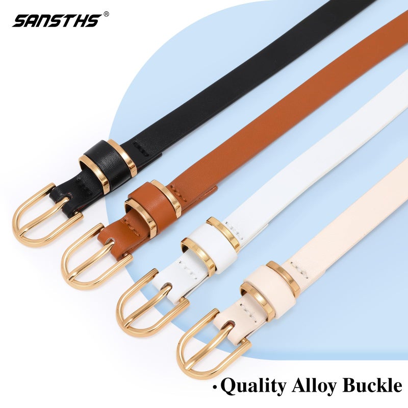 SANSTHS 4 Pack Women Thin Belts for Jeans Dresses Coats Skinny Women Belt with Gold Alloy Buckle, Black+Brown+White+Leopard M - Image 5